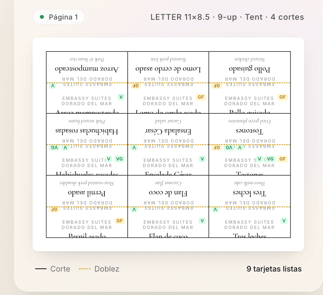 Buffet Card Generator — vista 9-up Tent print-ready con badges V·GF